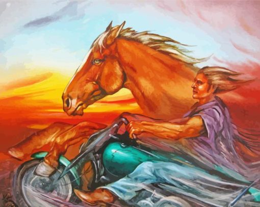 Man On Motorcycle and Horse Diamond Painting