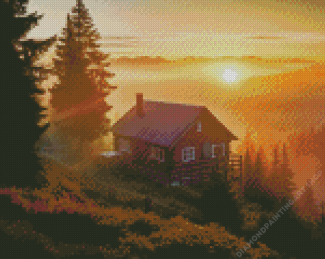 Log Cabin Sunset Diamond Painting