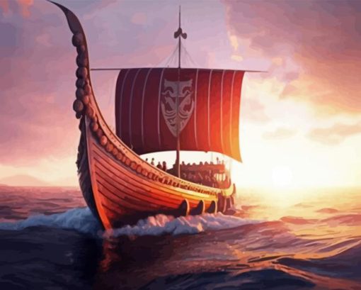 Viking longship at sunset Diamond With Numbers