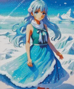 Anime Girl Wearing Blue Dress In Snow Diamond Painting