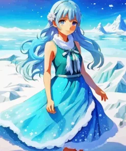 Anime Girl Wearing Blue Dress In Snow Diamond Painting