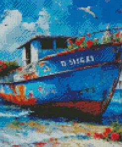 Floral Old Blue Boat Diamond Painting
