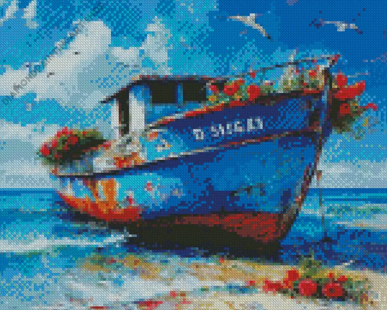 Floral Old blue boat Diamond Paints Floral Old Blue Boat Diamond Painting