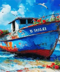 Floral Old Blue Boat Diamond Painting