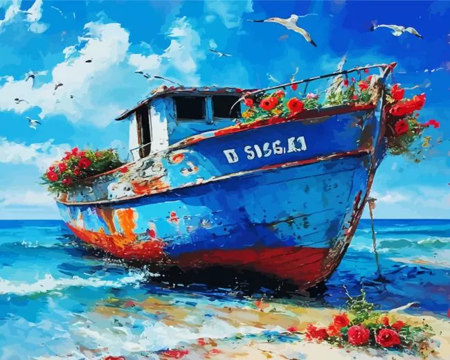 Floral Old blue boat Diamond With Numbers Floral Old Blue Boat Diamond Painting