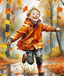 Happy Boy Jumping In Puddle Diamond Painting