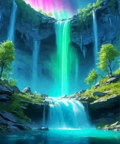 Waterfall With Aurora Diamond Painting