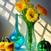 Yellow Flowers In Blue Glass Vases Diamond Painting
