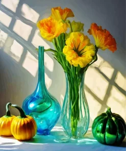Yellow Flowers In Blue Glass Vases Diamond Painting