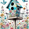 Birdhouse And Blue Birds Diamond Painting