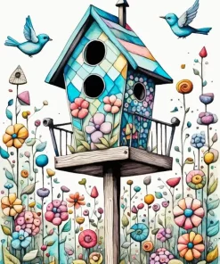 Birdhouse And Blue Birds Diamond Painting
