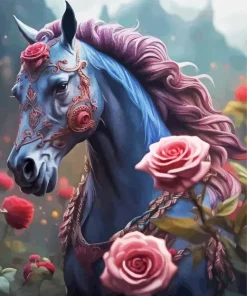 Black Horse With Roses Diamond Painting