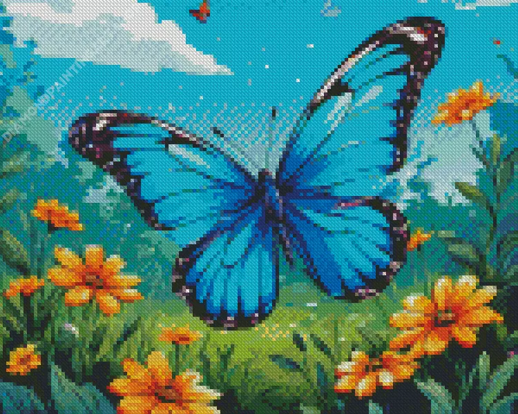 blue butterfly and flowers Diamond With Numbers