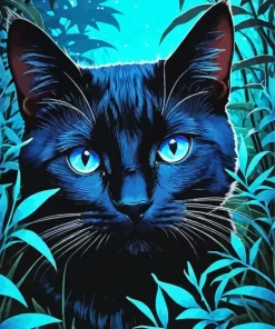Blue Eyed Black Cat Hiding In Leaves Diamond Painting