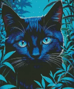 Blue Eyed Black Cat Hiding In Leaves Diamond Painting