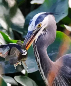 Blue Heron Eating Fish Diamond Painting
