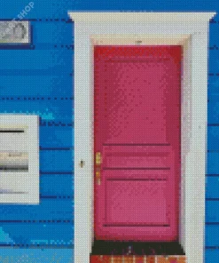 Blue House With Pink Door Diamond Painting