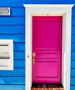 Blue House With Pink Door Diamond Painting
