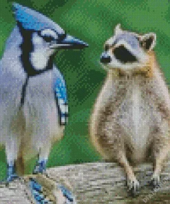 Blue Jay Bird And Raccoon Diamond Painting