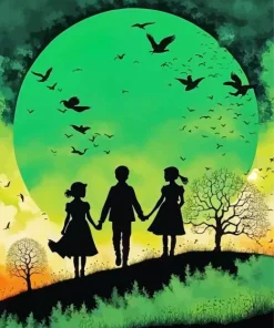 Boy And Girls Silhouette Sunset Diamond Painting