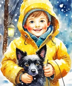 Boy And His Dog In Snow Diamond Painting