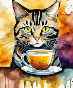 Cat Drinking Tea Art Diamond Painting