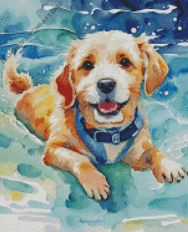 cute dog swimming Diamond With Numbers Cute Dog Swimming Diamond Painting