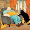 Fat Man And Cat Diamond Painting