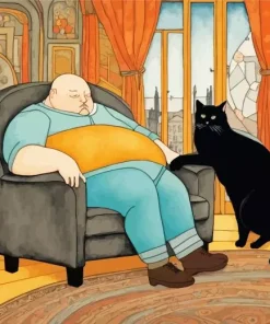 Fat Man And Cat Diamond Painting