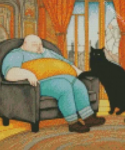 Fat Man And Cat Diamond Painting