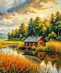 Log Cabin And Lake Diamond Painting