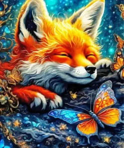 Sleepy Fox And Butterfly Diamond Painting
