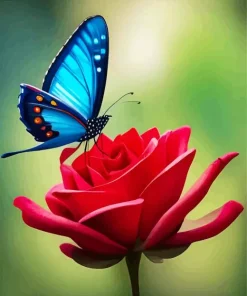 Blue Butterfly On Red Flower Diamond Painting