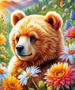 Brown Bear And Flowers Diamond Painting