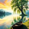 Lakeside Brown Boat Diamond Painting