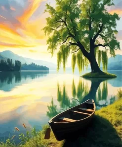 Lakeside Brown Boat Diamond Painting