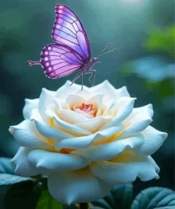 Purple Butterfly On White Rose Diamond Painting