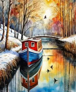 Winter Canal Boat Diamond Painting