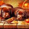 Brown Puppies And Bird Diamond Painting