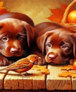 Brown Puppies And Bird Diamond Painting