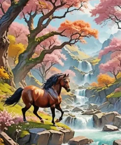 Brown Stallion Near Waterfall Diamond Painting