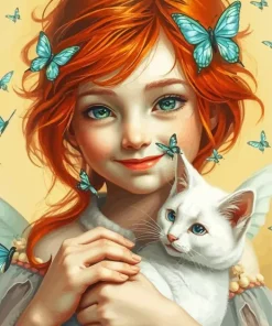 Butterflies Girl And Cat Diamond Painting