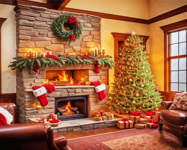 fireplace christmas art Diamond By Numbers Fireplace Christmas Art Diamond Painting