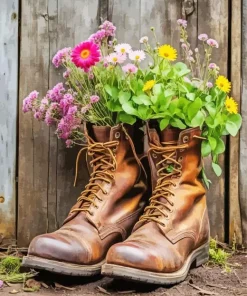 Flowers In Brown Boots Diamond Painting