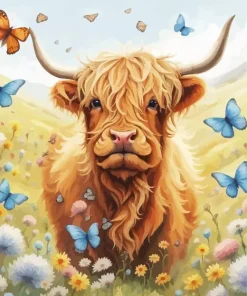 Fluffy Baby Brown Cow And Butterflies Diamond Painting