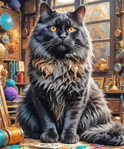 Fluffy Black Cat Art Diamond Painting