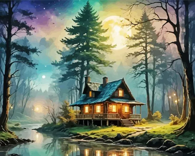 forest cabin Diamond By Numbers Forest Cabin Diamond Painting