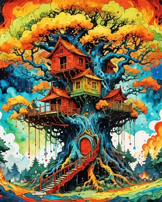 forest mystical tree house Diamond By Numbers Forest Mystical Tree Touse Diamond Painting