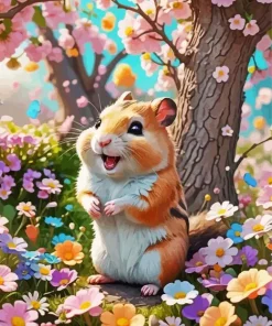 Happy Hamster And Flowers Diamond Painting