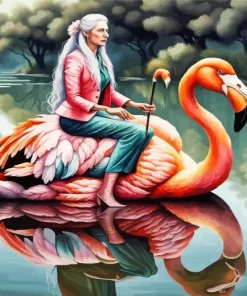 Lady Riding Flamingo Diamond Painting